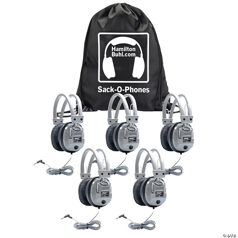 HamiltonBuhl Sack-O-Phones, 5 Gray Favoritz&#8482; Headsets with In-Line Microphone and TRRS Plug Image