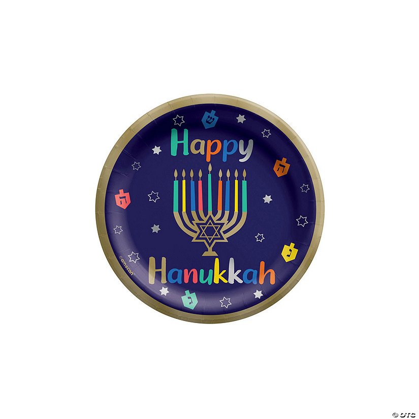 Hanukkah Joy Happy Hanukkah, Dreidel, Menorah Paper Dessert Plates - 20 Ct. Image