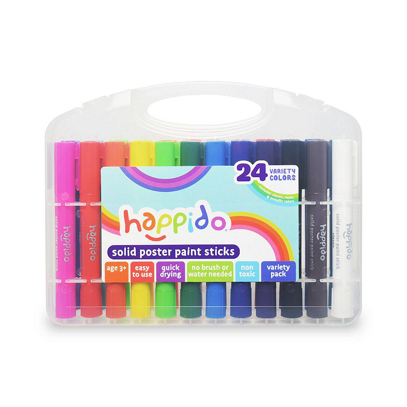 Happido Solid Poster Paint Sticks, Set of 24 - Non-Toxic, Mess-Free, and Quick Drying Variety Pack, Includes Classic, Neon, and Metallic Colors, Easy
