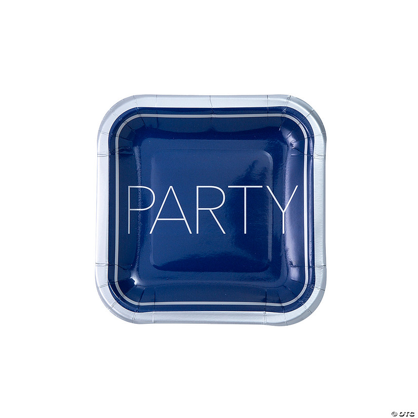 Happy Birthday Party Blue & Silver Square Paper Dessert Plates - 8 Ct. Image