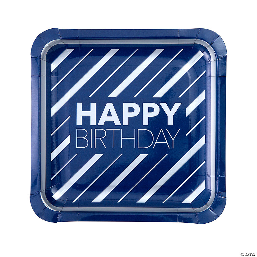 Happy Birthday Party Blue & Silver Square Paper Dinner Plates - 8 Ct. Image