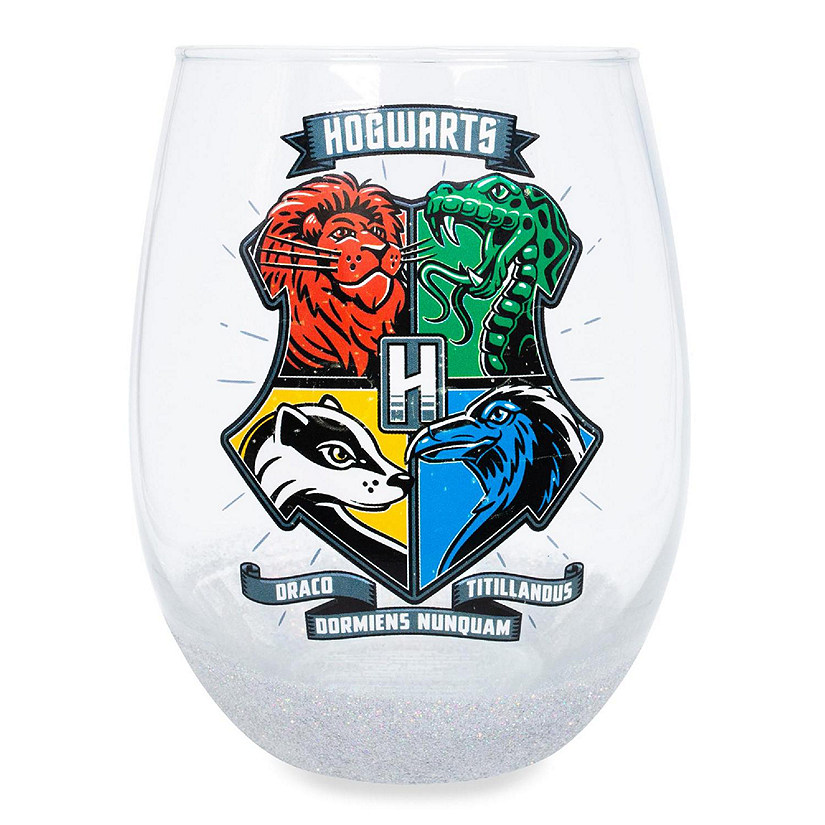 Harry Potter Animal Crests Teardrop Stemless Wine Glass  Holds 20 Ounces Image