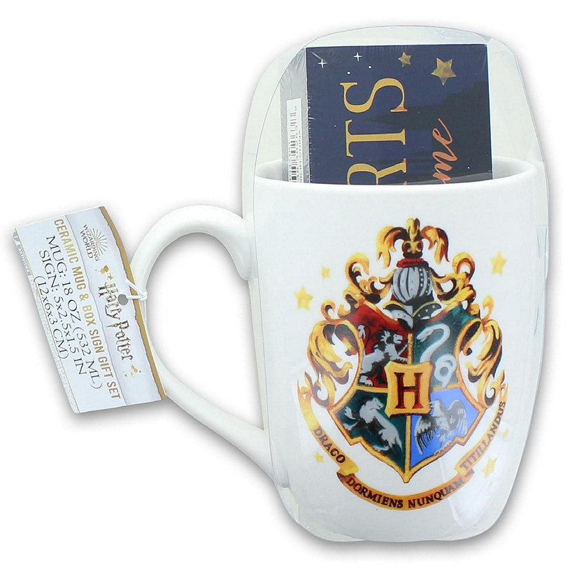 Harry Potter Hogwarts 18oz Ceramic Mug & 5 x 2.5 Inch Wall Sign Gift Set Image