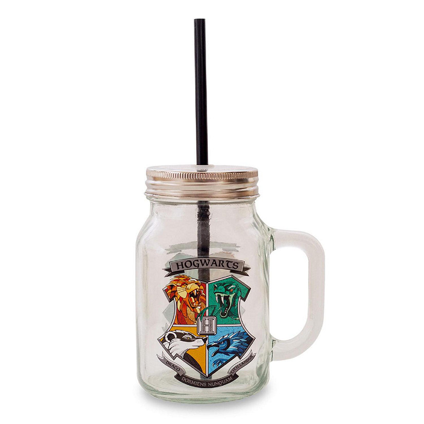 Harry Potter Hogwarts Crest 21 Ounce Glass Mason Jar With Lid and Straw Image