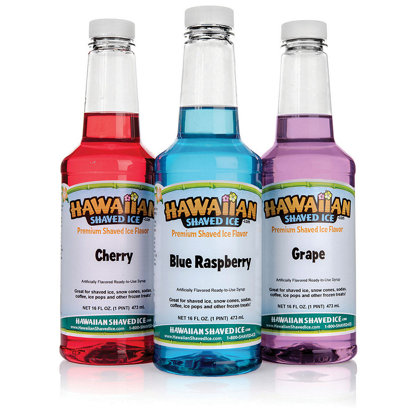 Hawaiian Shaved Ice Snow Cone Syrup, 3 Pint Package, Cherry, Grape, Blue Raspberry Image
