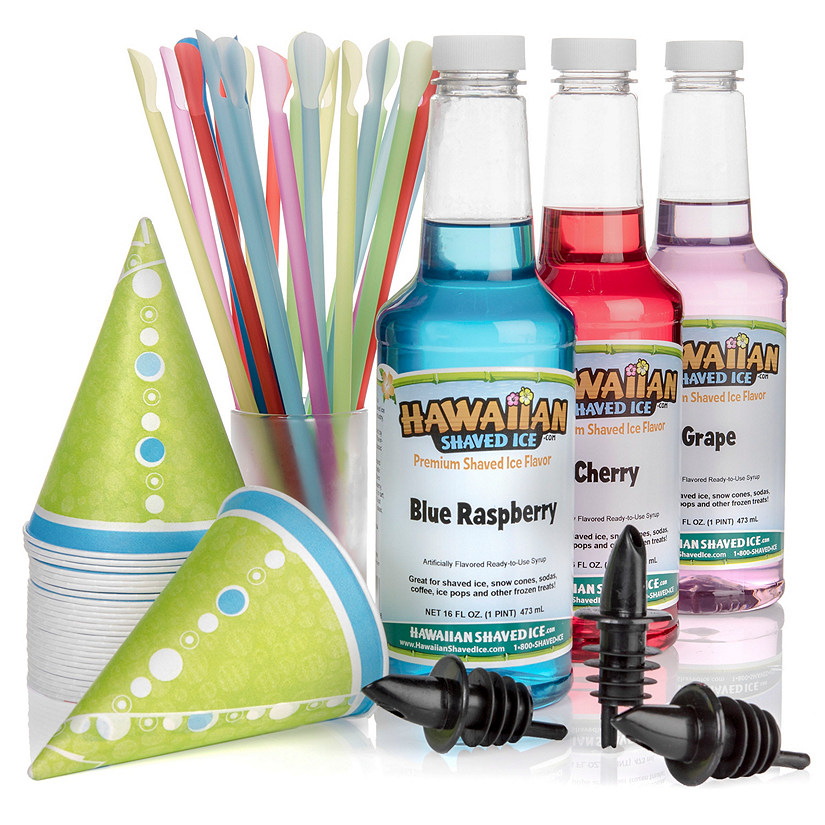 Hawaiian Shaved Ice Syrup 3 Pack with Accessories, Cherry, Grape, Blue Raspberry, 25 spoonstraws, 25 paper cups, 3 bottle pourers Image