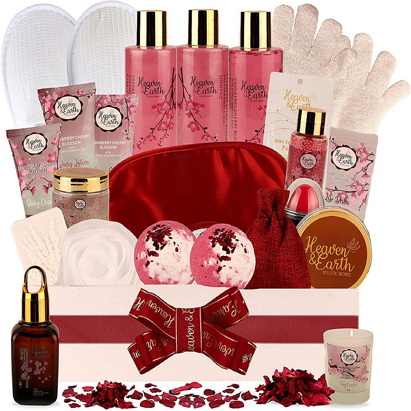 Heaven & Earth - Deluxe 25-Piece Gift Basket Cranberry & Cherry Blossom Spa Bath and Body Luxury Gift Set Image
