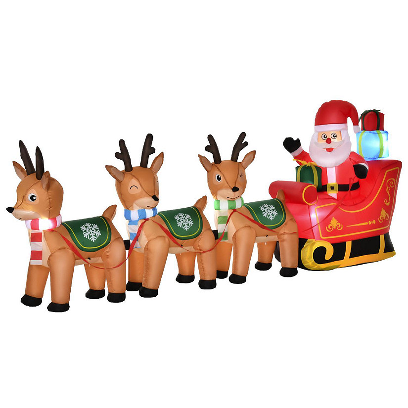 HOMCOM 10 ft Long Santa Claus on Sleigh with 3 Reindeer Lighted