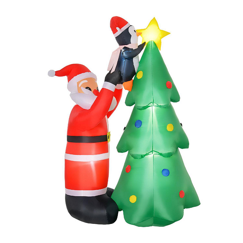 HOMCOM 6ft Christmas Inflatable Santa and Penguin Decorating a Christmas Tree Outdoor Blow Up Yard Decoration LED Lights Display Image