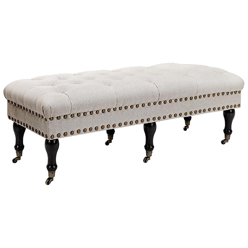Mobile Upholstered Bench Rolling Button Tufted Fabric Accent