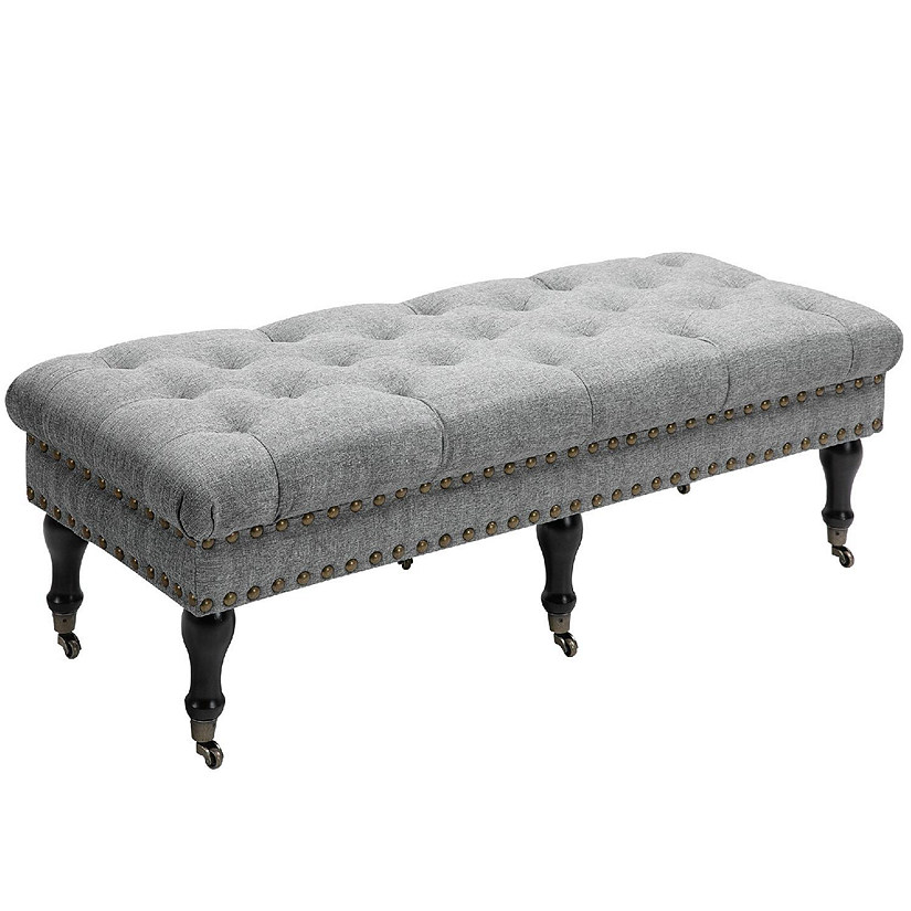 Mobile Upholstered Bench Rolling Button Tufted Fabric Accent