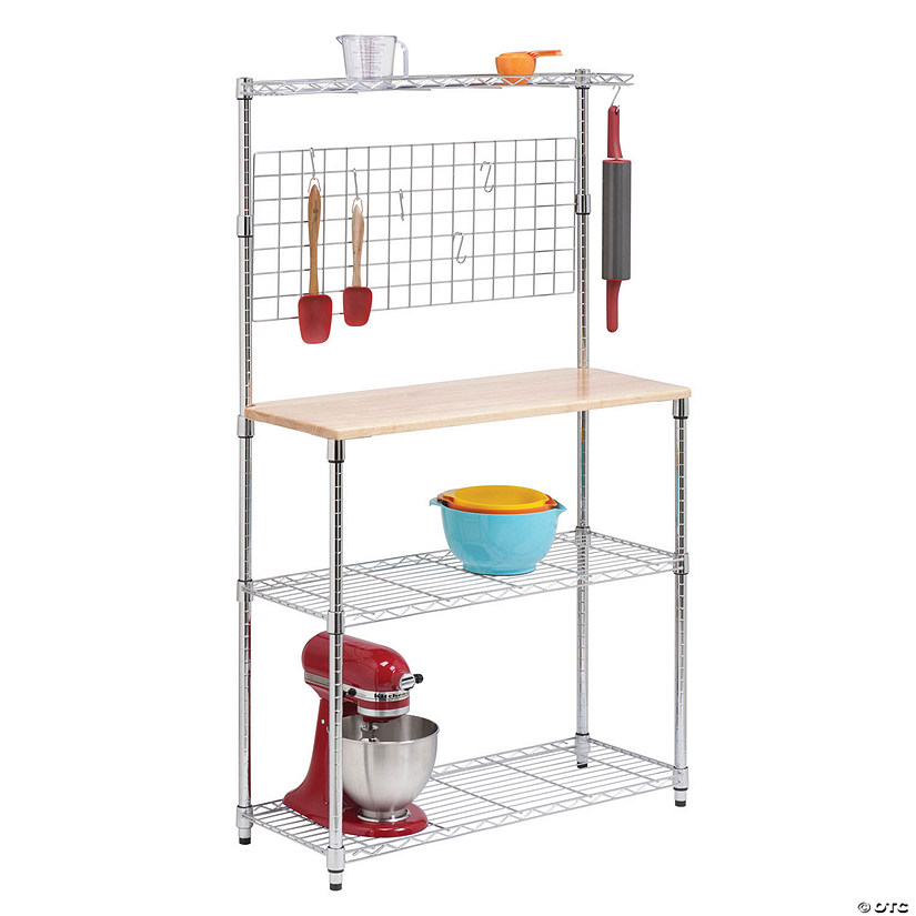Honey Can Do Bakers Rack with Shelves and Hanging Storage - Chrome Image