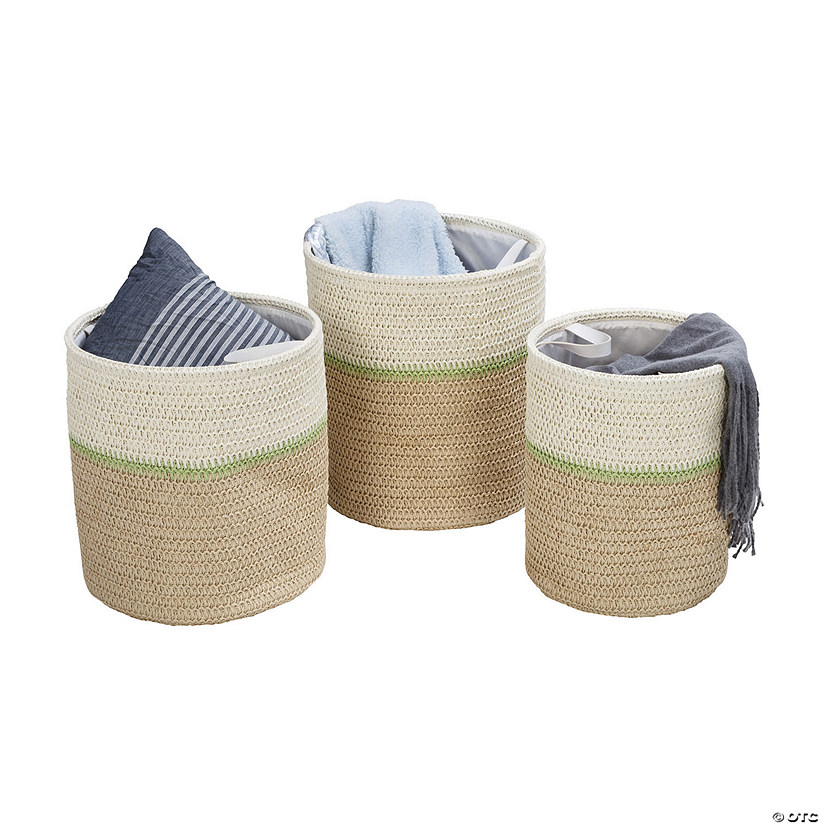 Honey-Can-Do S/3 Paper Straw Baskets, White & Mint Image