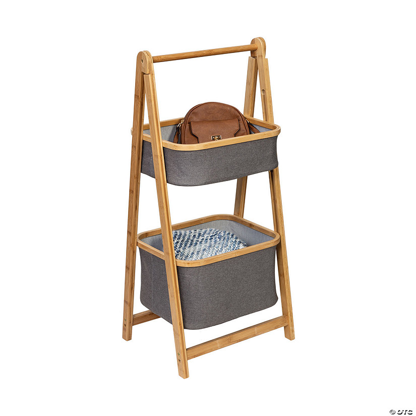 Honey-Can-Do Small Bamboo & Canvas 2-Tier Collapsible A-Frame Shelving Unit Image