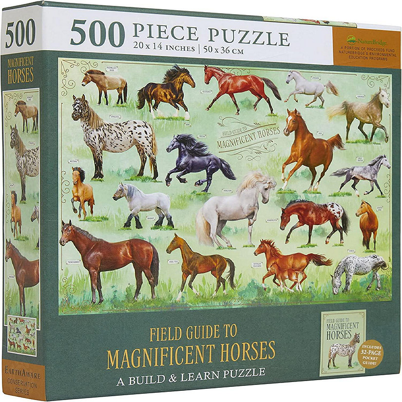 Horses Jigsaw Puzzle, 500 Pieces - Magnificent Horses, 20" x 14" - with 32 Page Pocket Field Guide - Great Gift for Horse Lovers Image