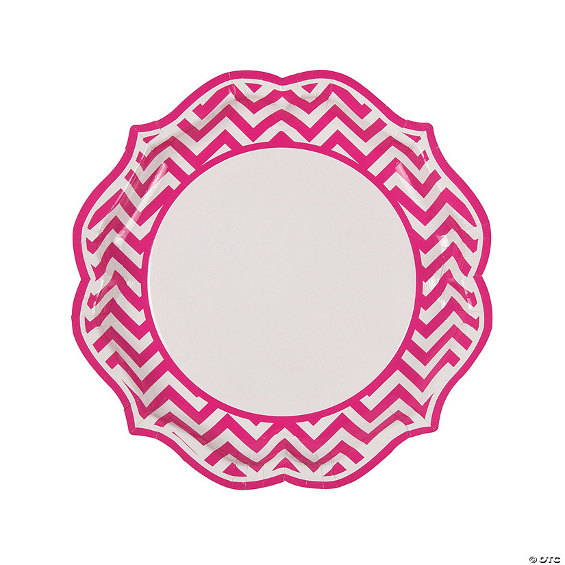 Hot Pink Chevron Zigzag Stripes Scalloped Paper Dinner Plates - 8 Ct. Image