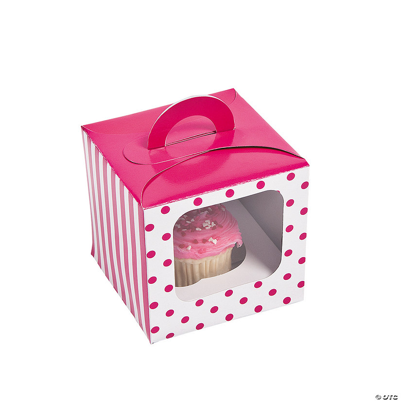 Hot Pink Polka Dot Cupcake Boxes with Handle - 12 Pc. Image