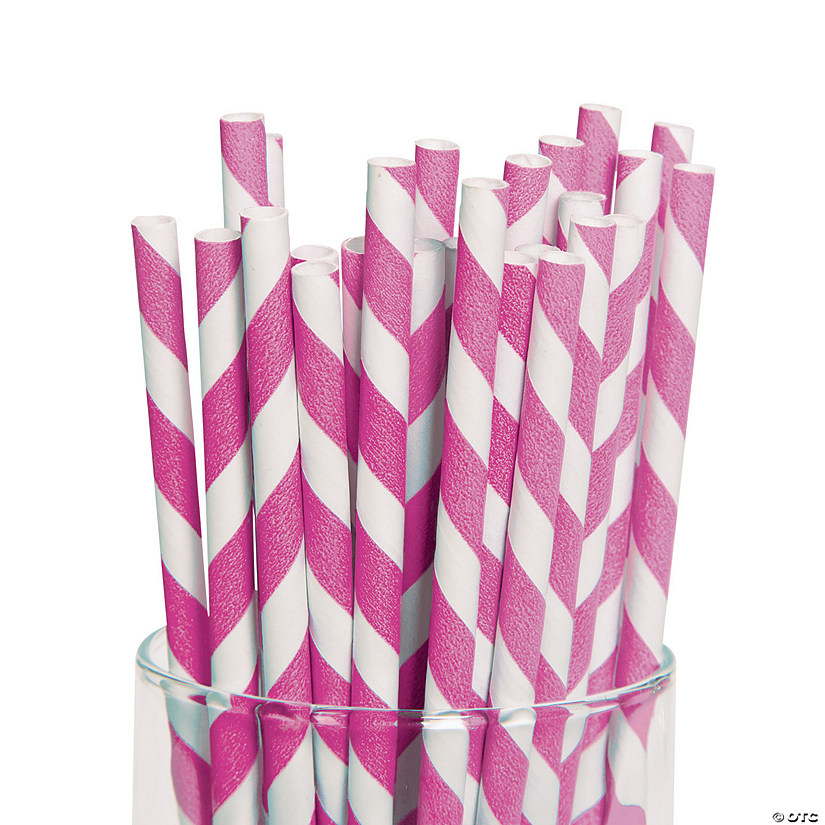 Hot Pink Striped Paper Straws - 24 Pc. Image