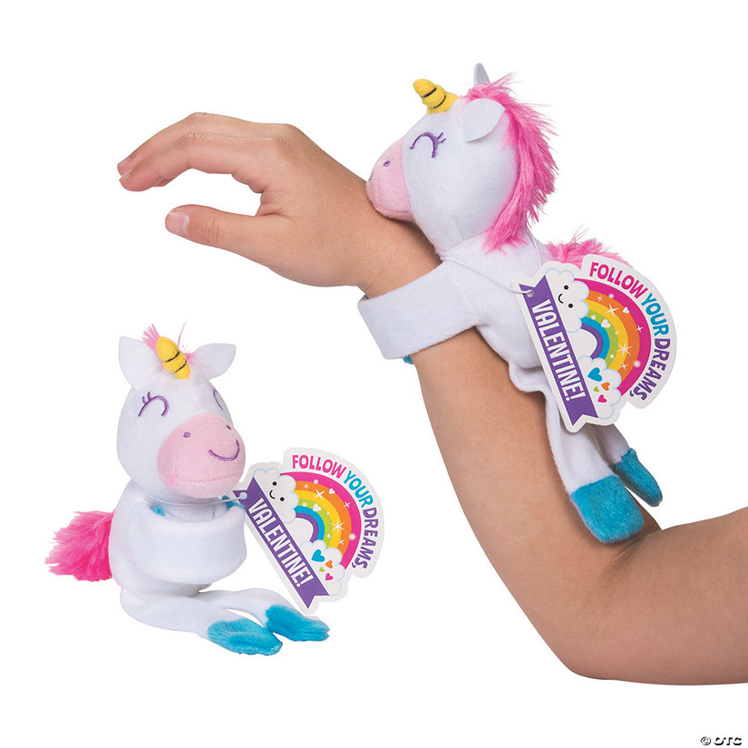 Hugging Stuffed Unicorn Slap Bracelets Valentine Exchanges with Card for 12 Image