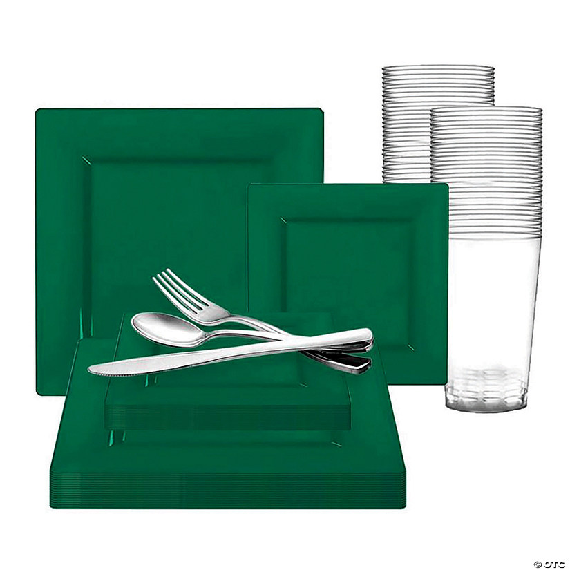 Hunter Green Square Plastic Plates Dinnerware Value Set (60 Settings) Image