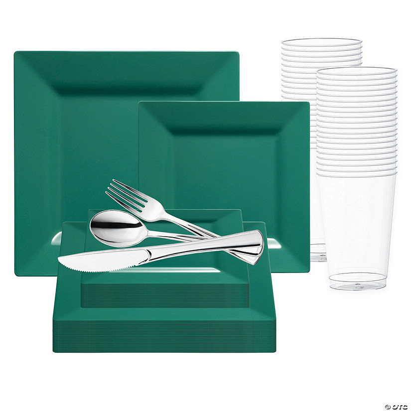 Hunter Green Square Plastic Plates Wedding Value Set - 60 Settings Image
