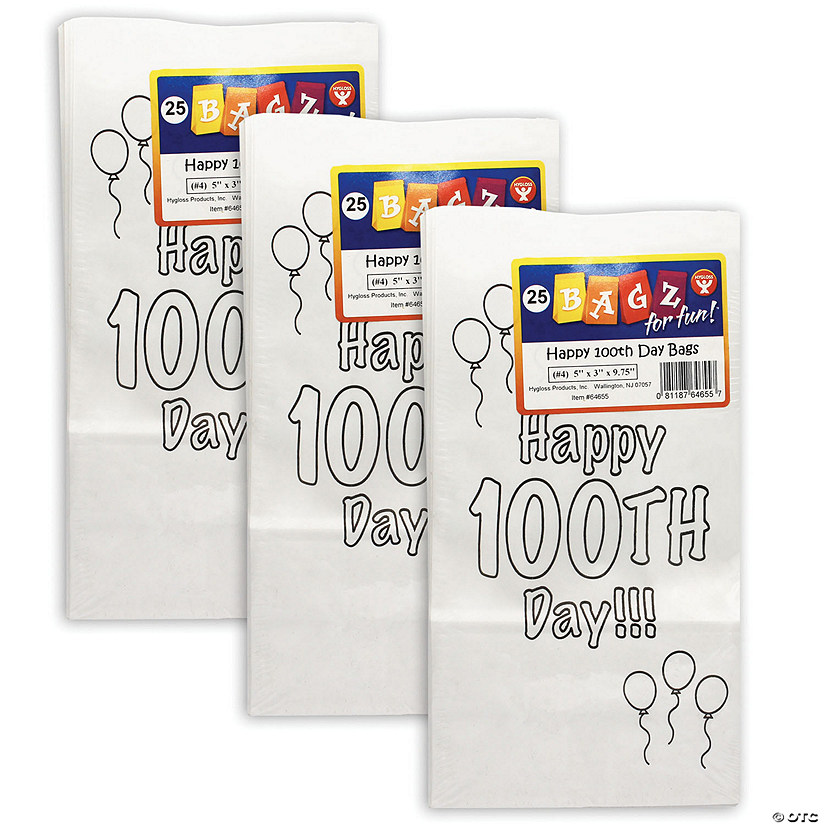 Hygloss&#174; Happy 100th Day Paper Bags, 25 Per Pack, 3 Packs Image