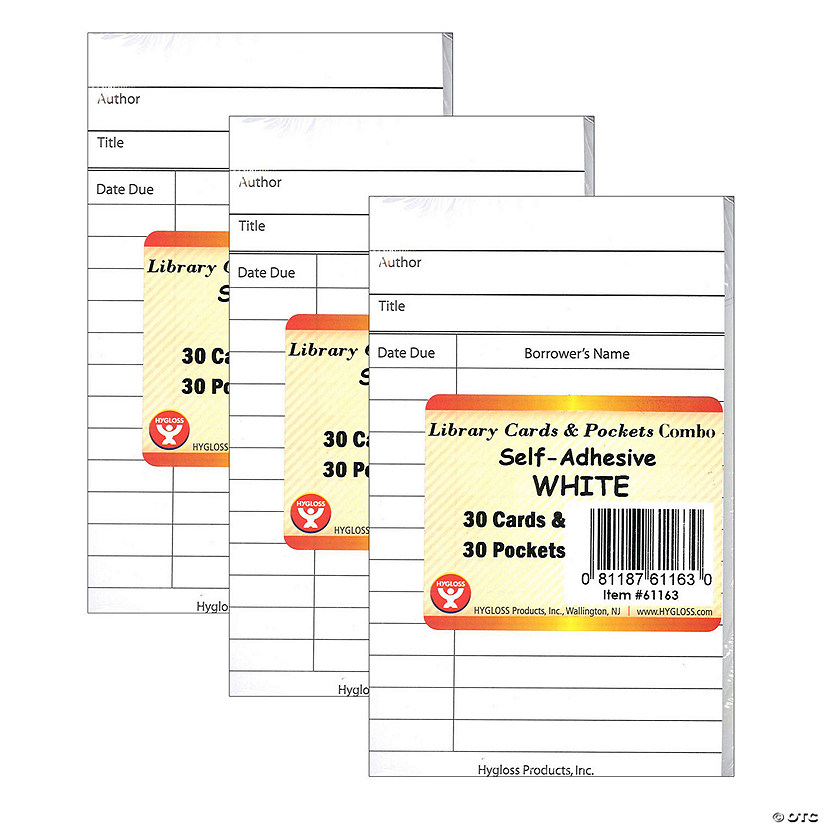 Hygloss Library Cards & Self-Adhesive Pockets Combo, White, 30 Each/60 Pieces Per Pack, 3 Packs Image