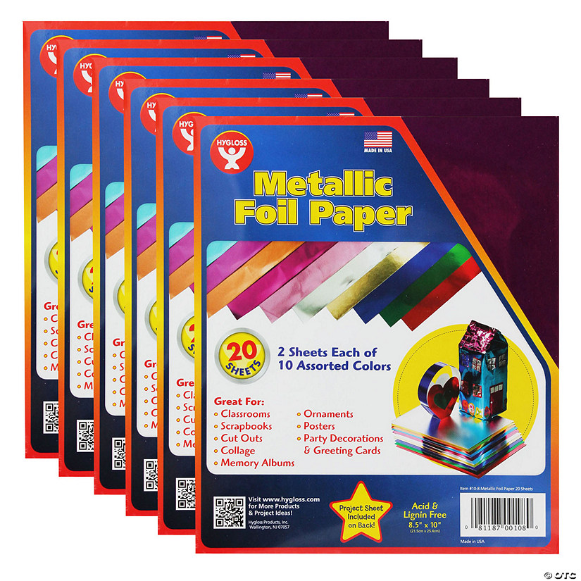 Hygloss Metallic Foil Paper Sheets, 8.5" x 10", Assorted Colors, 20 Per Pack, 6 Packs Image