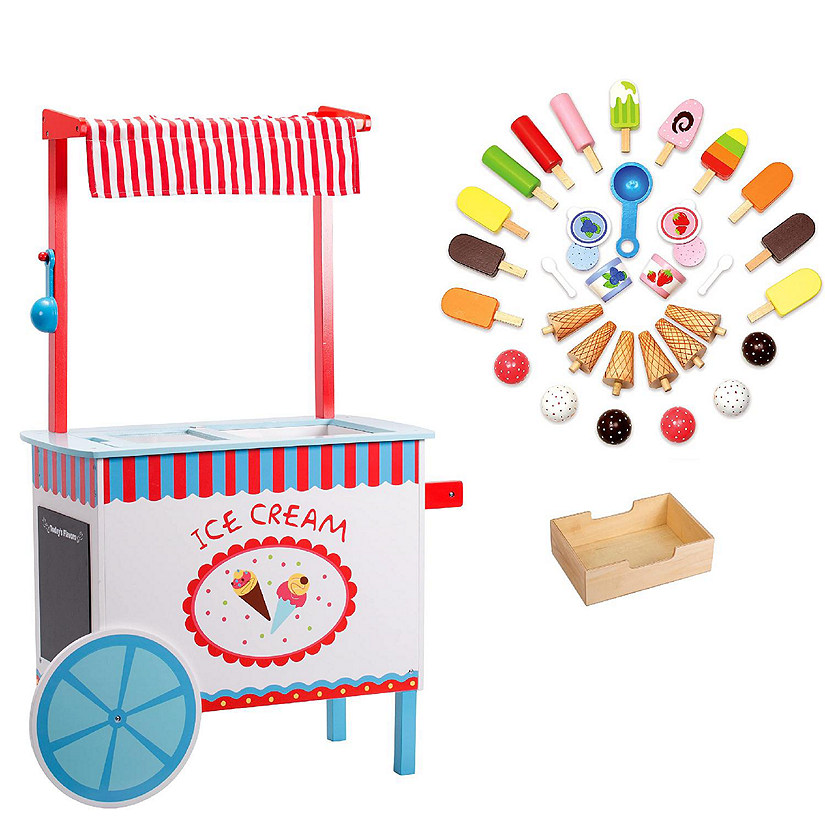 Ice Cream Cart Kids Playstand- Premium Wood 33+ Piece Realistic Wooden Play Set w Money Box, Chalkboard and 30+ Icecream Accessories Image