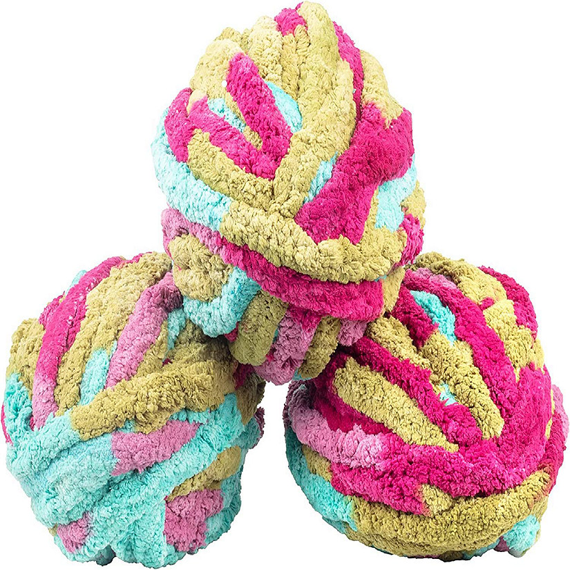 iDIY Chunky Yarn 3 Pack (24 Yards Each Skein) - Tie Dye (Fuschia, Teal, Green) - Fluffy Chenille Yarn For Baby Blankets, Arm Knitting/ Crocheting Image