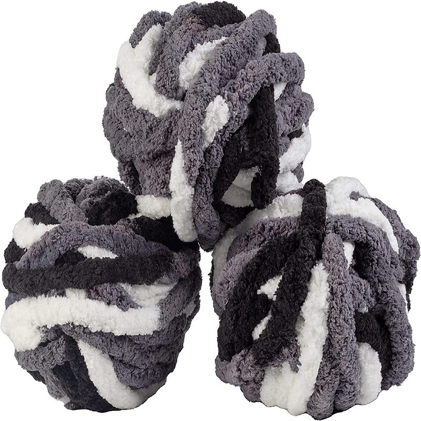 iDIY Chunky Yarn 3pc (24 Yards Each Skein) - Tie Dye (Black, White, Grey) - Fluffy Chenille Yarn for Soft Throw, Baby Blankets, Arm Knitting/ Crocheting Image