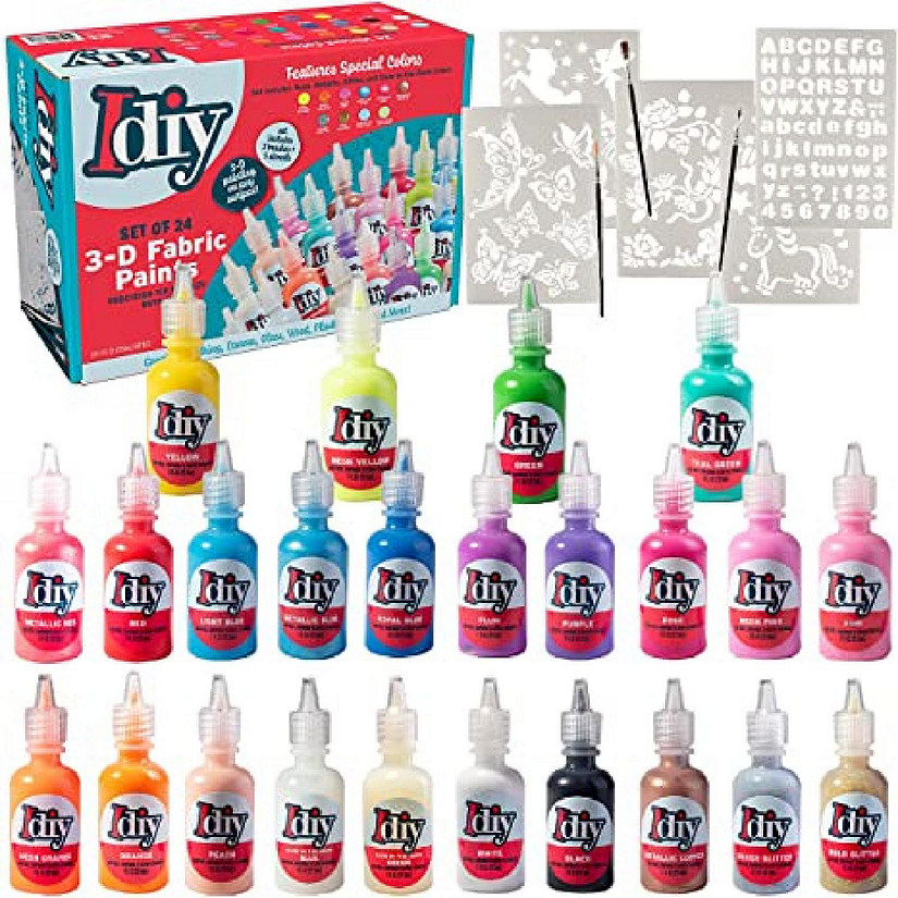 iDIY Fabric Paints- Set of 24 (1oz) Ultra Bright 3D Colors- Includes Glitter, Metallic, Glow in the Dark, Neon, 5 Stencils & 3 Brushes, Non-Toxic, Permanent Image