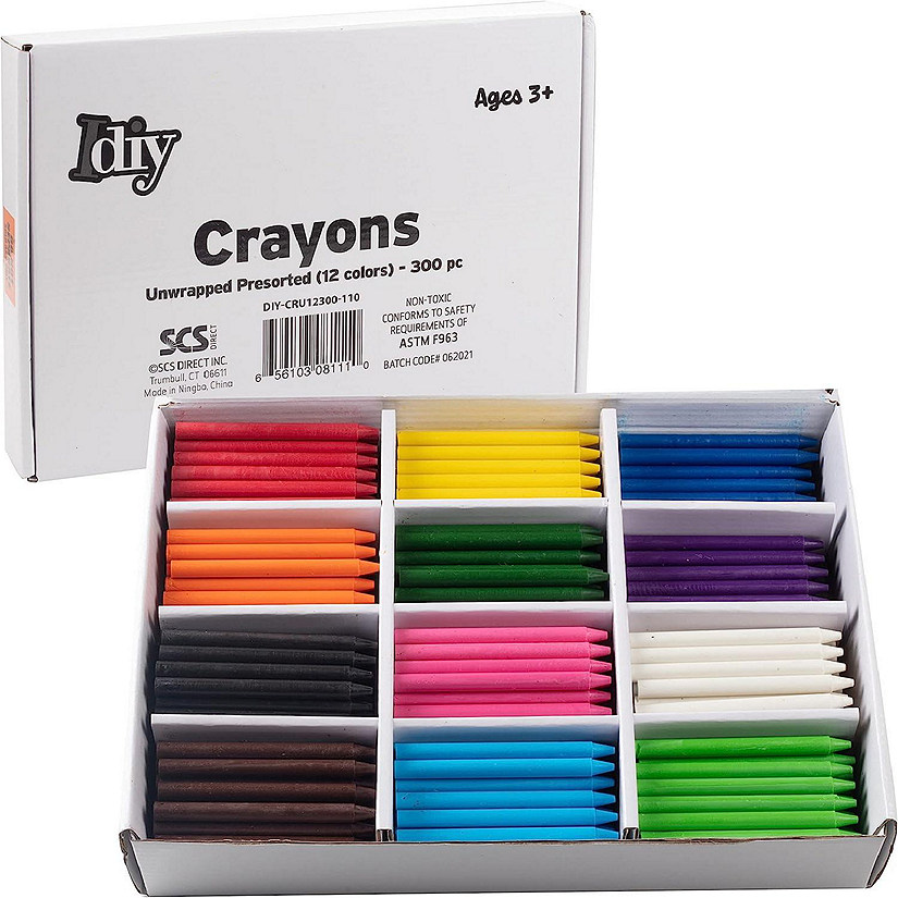 IDIY Unwrapped Bulk Wax Crayons (Pre-sorted 300 ct, 25 each of 12 colors) - No Paper, ASTM Safety Tested, For Kids, Teachers, Classrooms Supplies Image