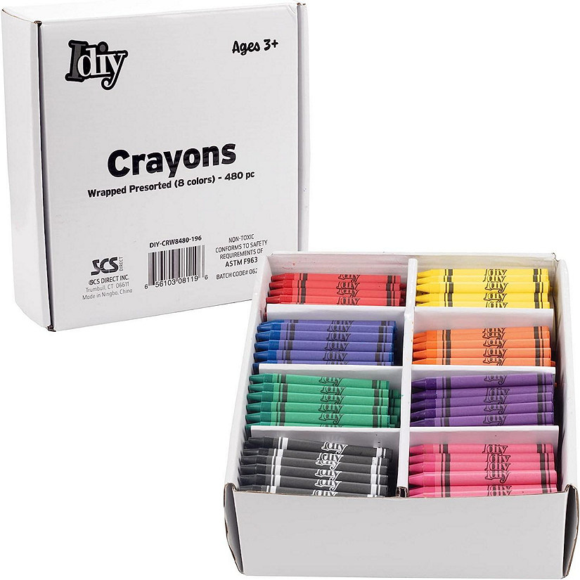 IDIY Wrapped Bulk Wax Crayons - Pre-Sorted 480 ct (60 each of 8 colors). ASTM Safety Tested for kids, teachers, classrooms, back-to-school supplies/ restaurants Image