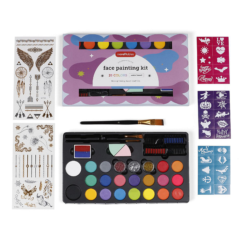 Incraftables Face Painting Kit for Kids & Adults. Face Painting Kit for Kids Party w/ Colors, Stencils, Brushes, Glitters & More. Non-Toxic Water Based Image