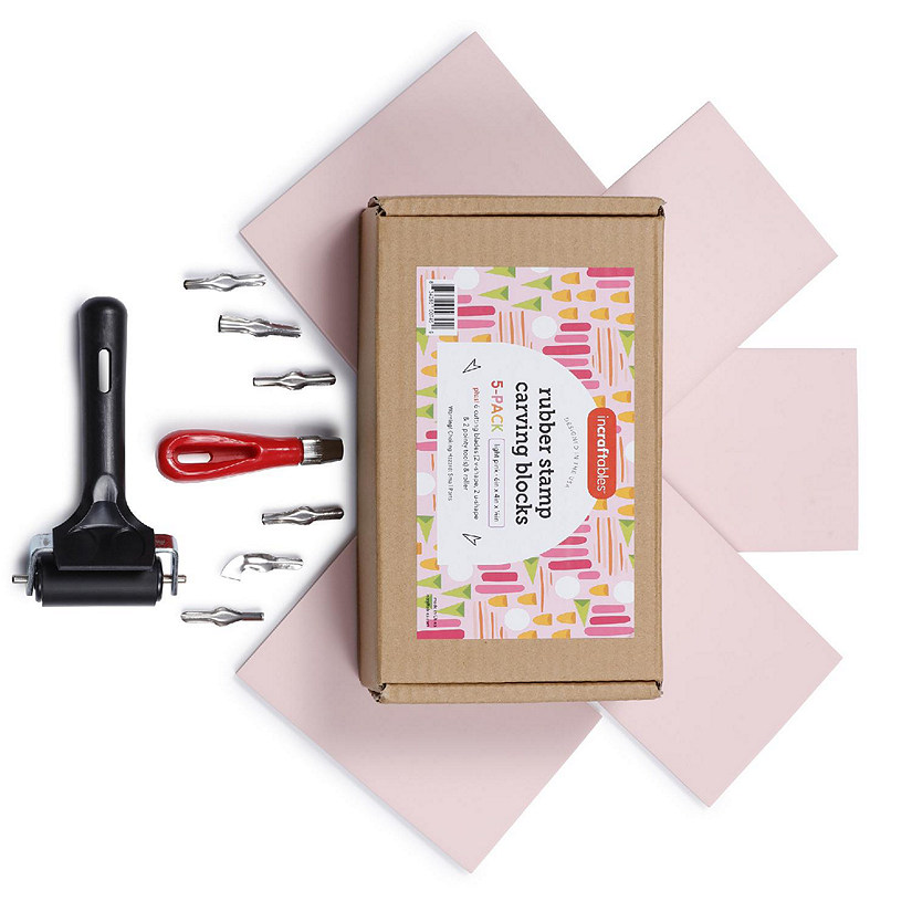 Incraftables Rubber Stamp Kit 5-Pack Linoleum Block Kit w/ Cutting Blades Tools 6pcs Block Printing Kit (6in x 4in x &#188; in) Light Pink Color Image