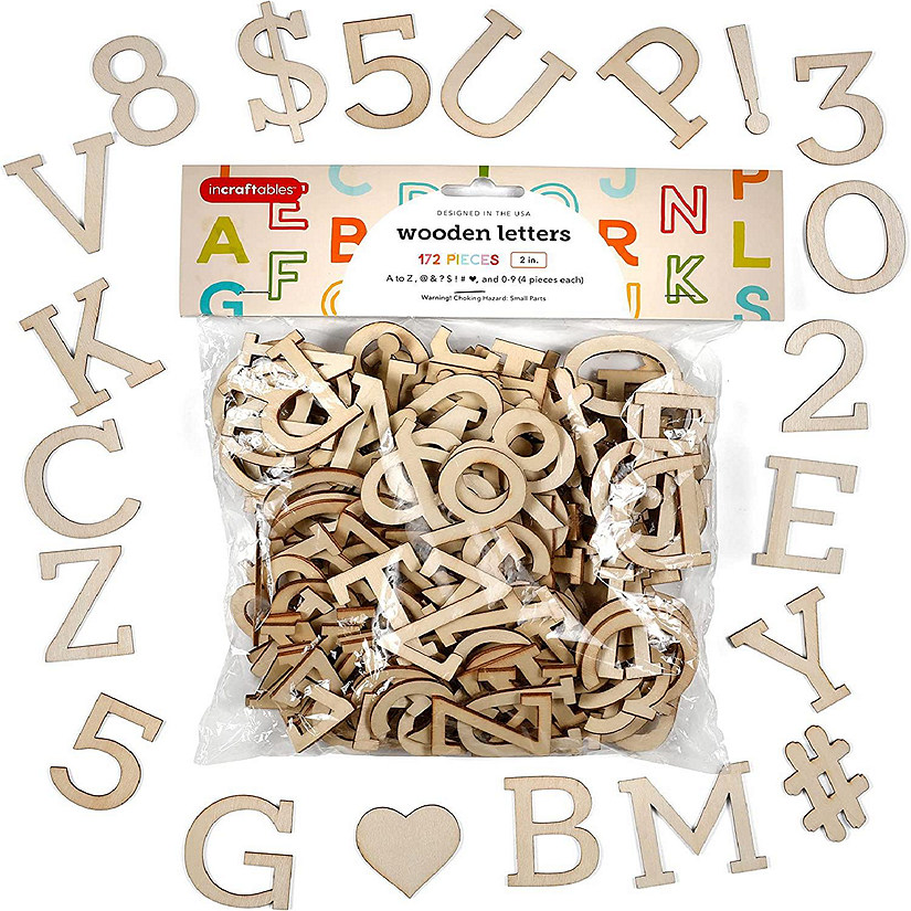 Incraftables Wooden Letters for Crafts (2 inch Big). A-Z Alphabet Unfinished Wood Letter with 0-9 Numbers & Symbols (172 pcs) Image