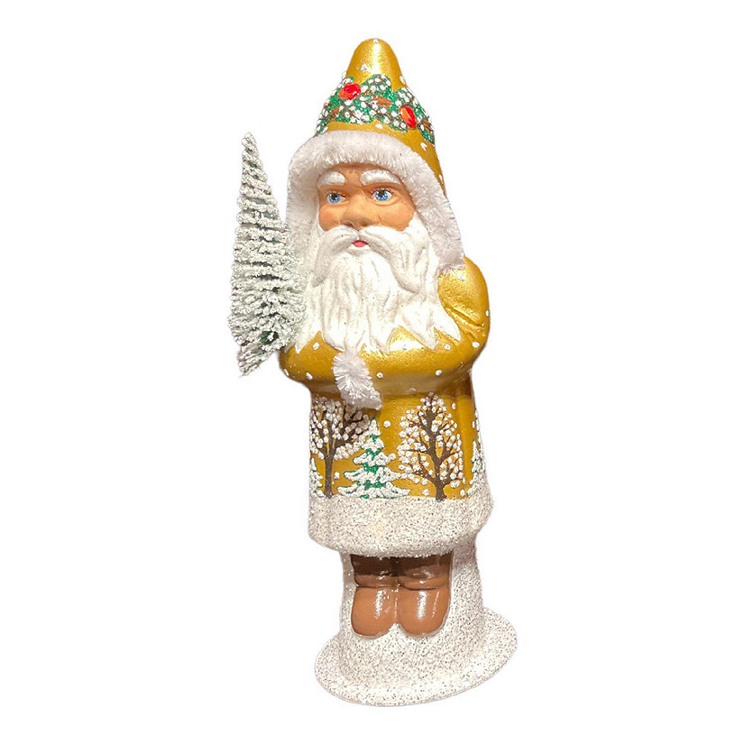 Ino Schaller Gold Coat Santa with Winter Tree Scene German Paper Mache 12 Inch Image