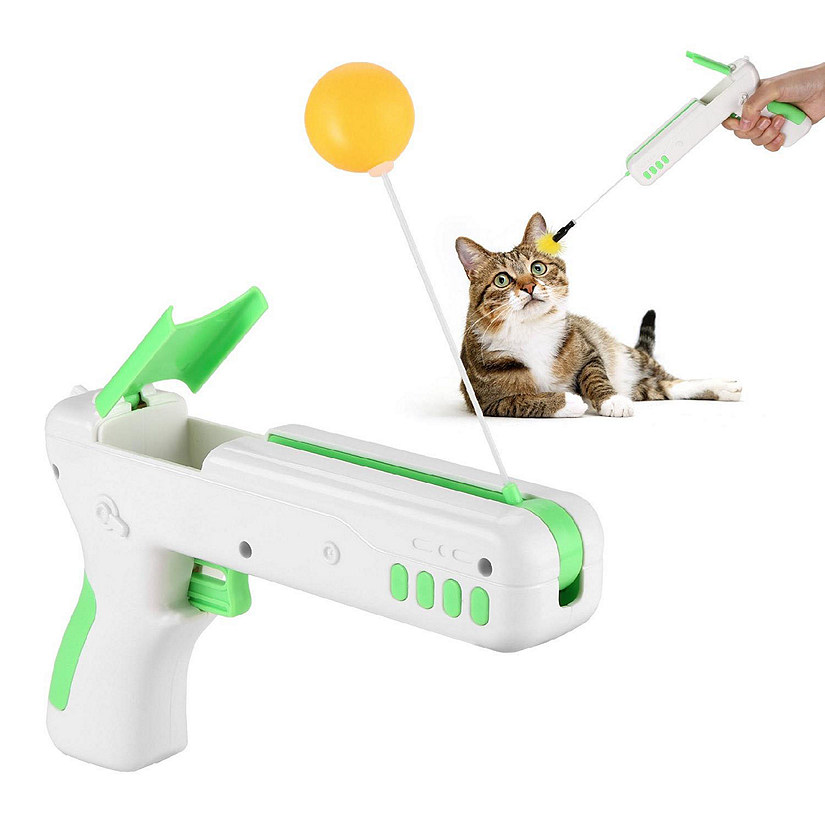 Interactive Cat Toy Gun Shape Toy with Ball & Feather, Indoor Exercise Funny Cat Stick Toy for Kittens and Cats,Green Image