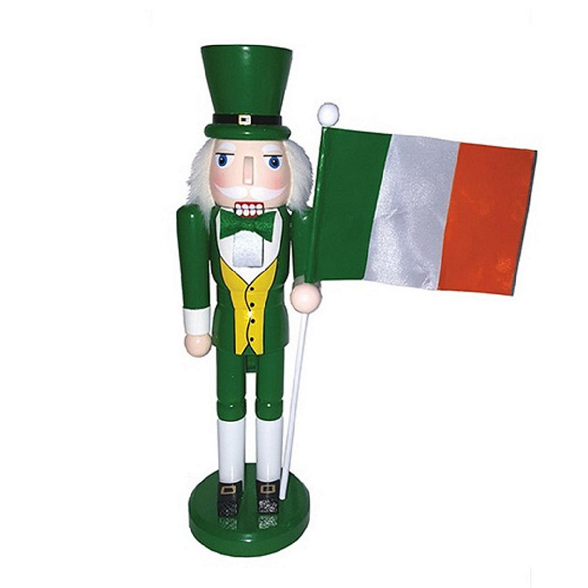 Irish Man in Green Holding Ireland Flag Wooden Christmas 14 Inch Nutcracker New Image