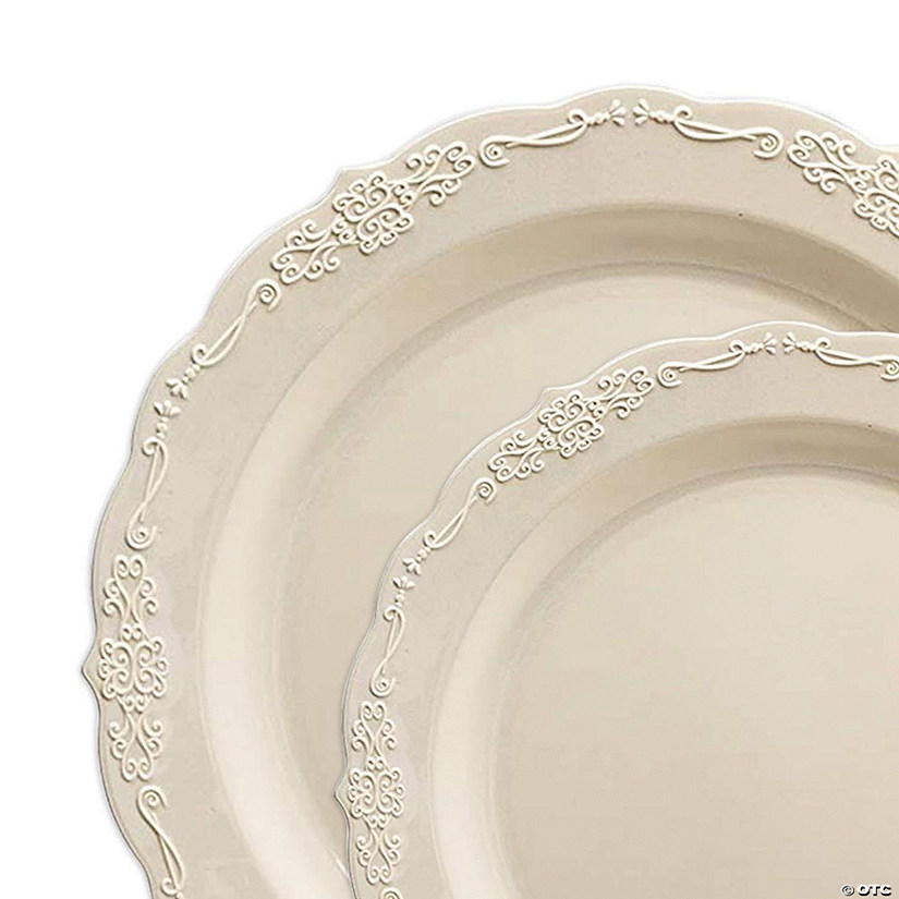 Ivory Vintage Round Disposable Plastic Dinnerware Value Set (120 Dinner Plates + 120 Salad Plates) Image