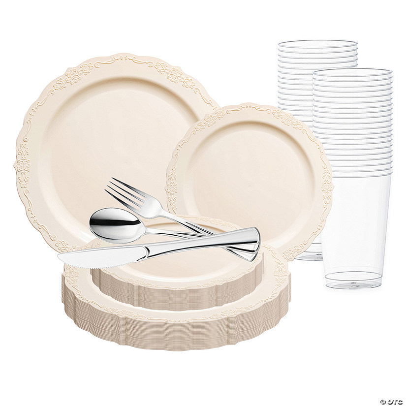 Ivory Vintage Round Disposable Plastic Wedding Value Set - 20 Settings Image