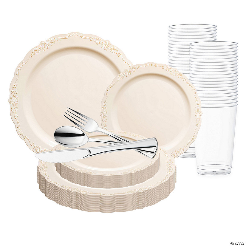 Ivory Vintage Round Disposable Plastic Wedding Value Set - 60 Settings Image