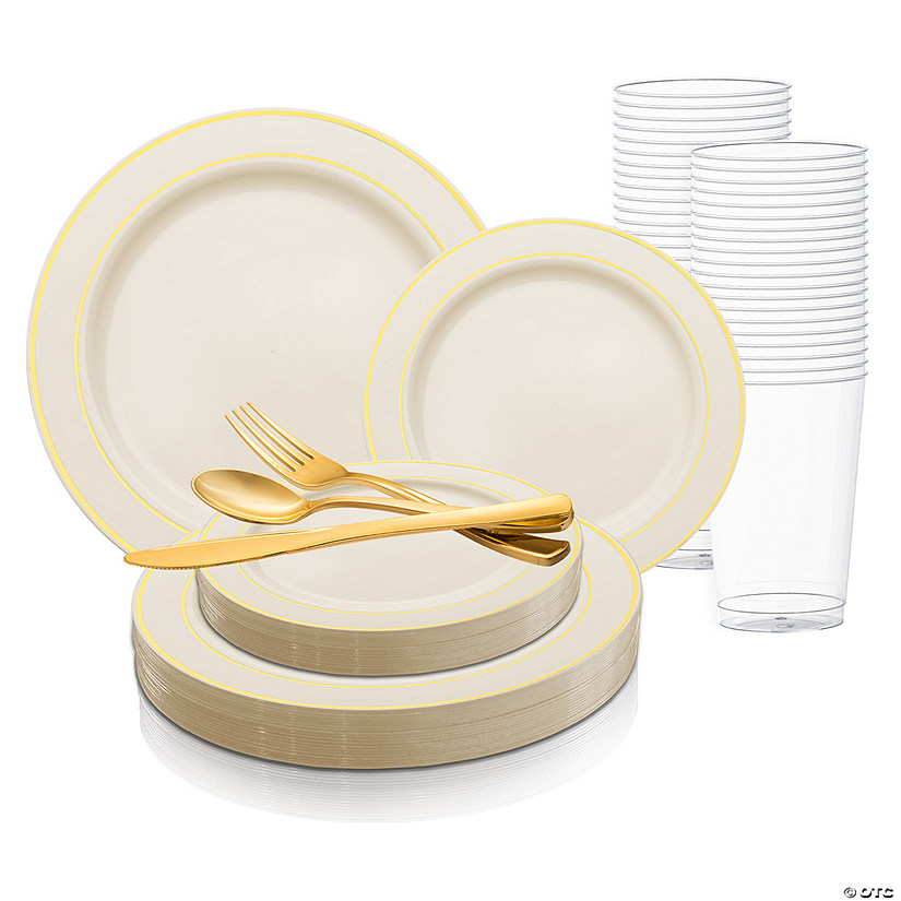 Ivory with Gold Edge Rim Plastic Dinnerware Value Set (20 Settings) Image