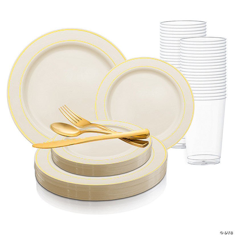 Ivory with Gold Edge Rim Plastic Dinnerware Value Set (60 Settings) Image