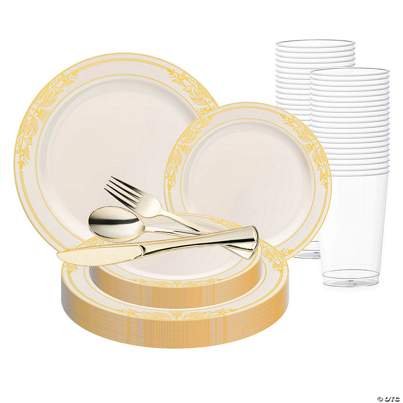 Ivory with Gold Harmony Rim Plastic Wedding Value Set - 60 Settings Image