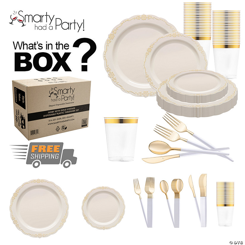 Ivory with Gold Vintage Disposable Plastic Tableware Set - 60 Settings Image
