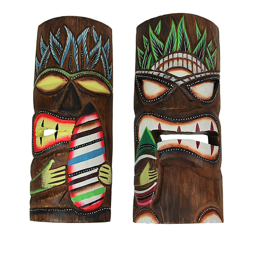 J.D. Yeatts 12 Inch Hand Carved Wooden Surfer Tiki Masks Wall Hanging Beach Home Decor Set Image