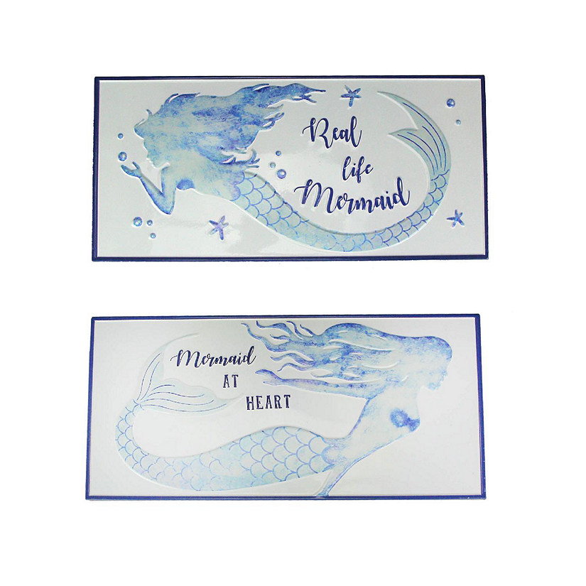 J.D. Yeatts Set of 2 Blue / White Enamelware Mermaid Themed Metal Wall Signs Coastal Decor Image