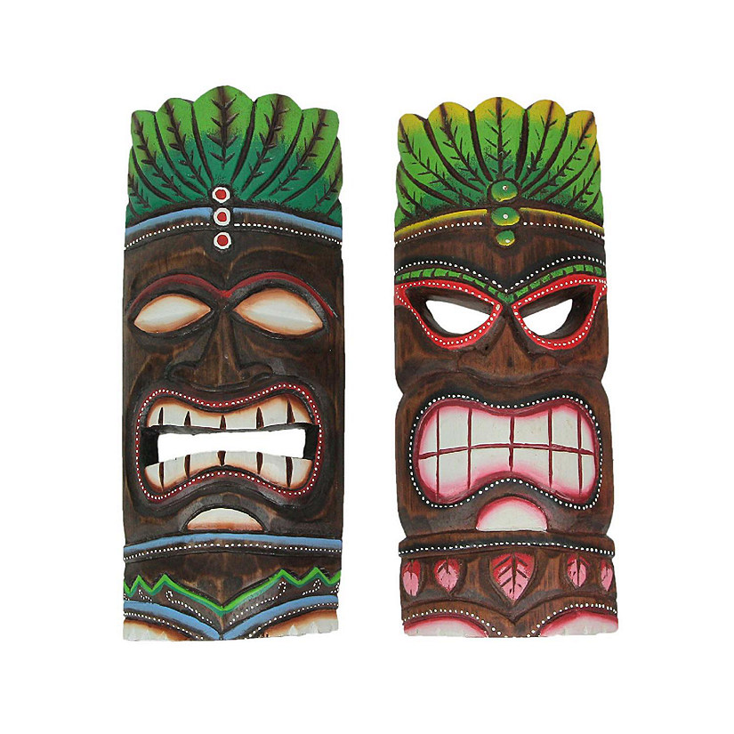 J.D. Yeatts Set of 2 Hand Carved Wooden Tiki Masks Blue & Green Flame Tropical Decor Art Image